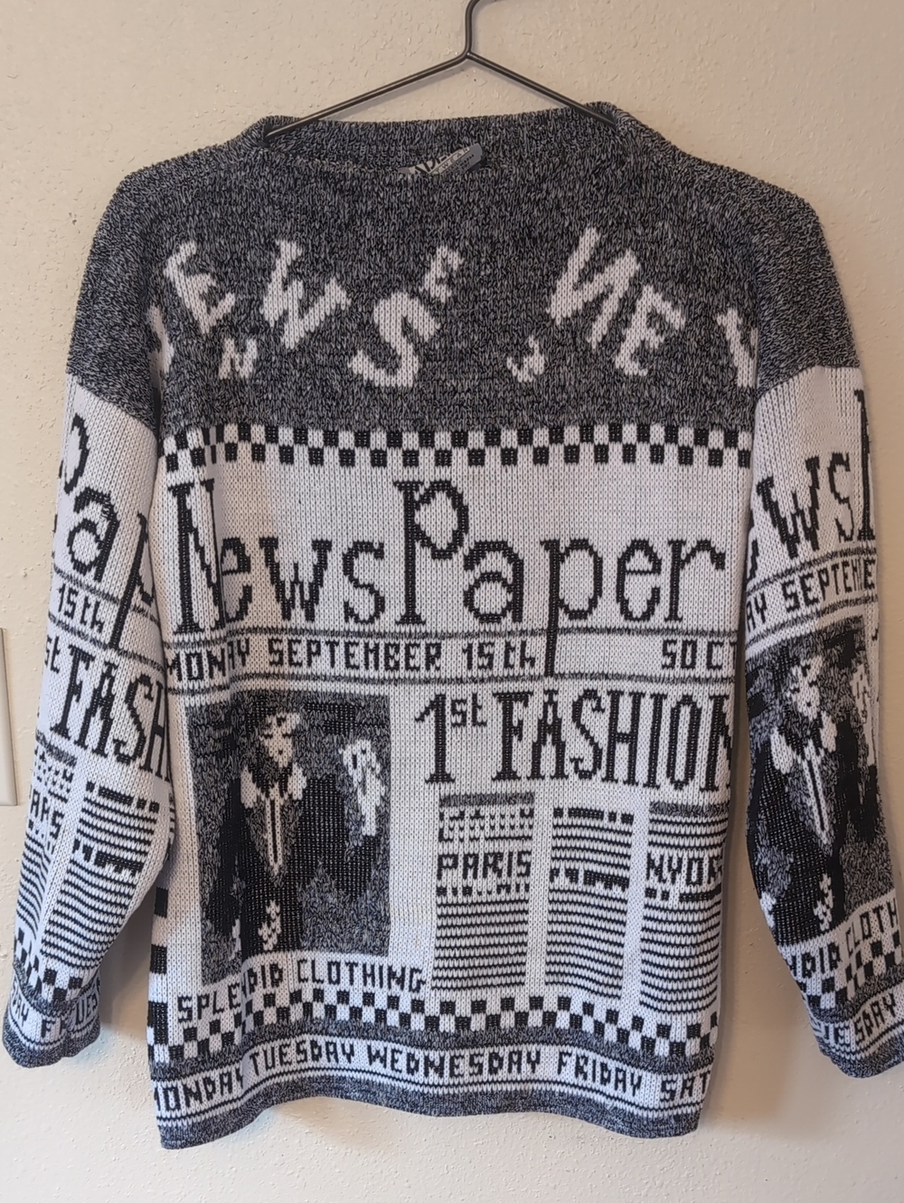 Vintage Newspaper Print Crewneck Sweater - Black & White